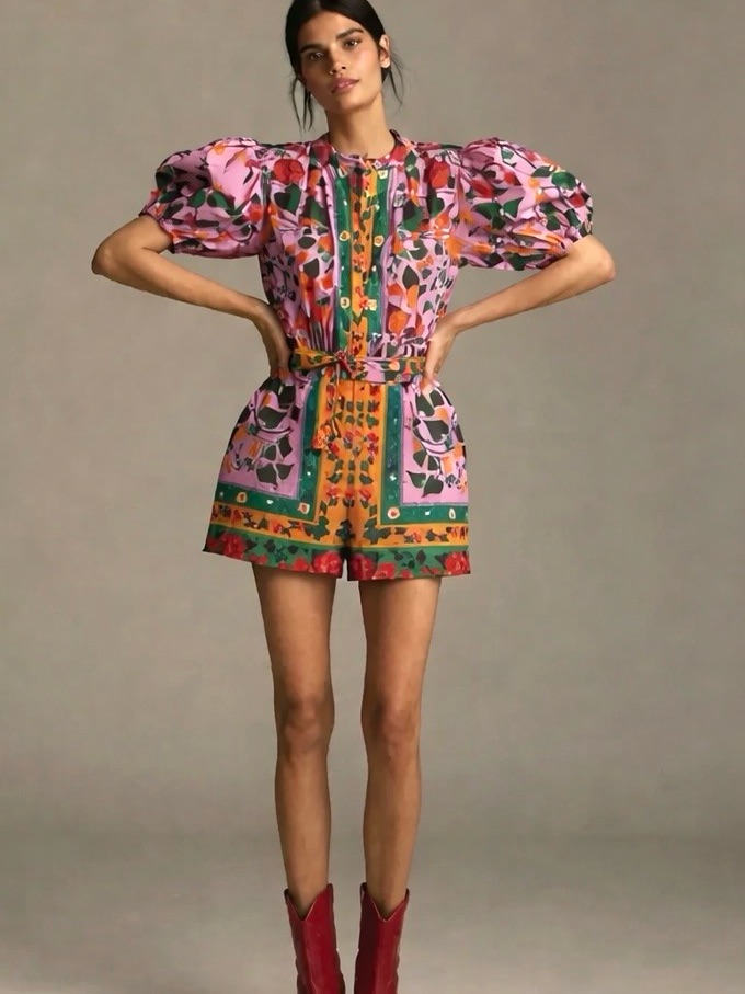 Farm Rio X Anthropologie Tropical Romper Puff Sleeve Button Front Floral Size Xs